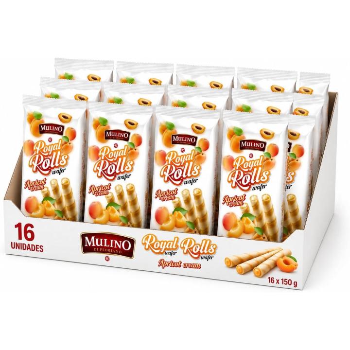 Mulino Royal Rolls Wafer Apricot Cream Pack de 16 | Galletas Wafer Crujientes con Crema de Albaricoque | Snack Dulce para Café y Meriendas