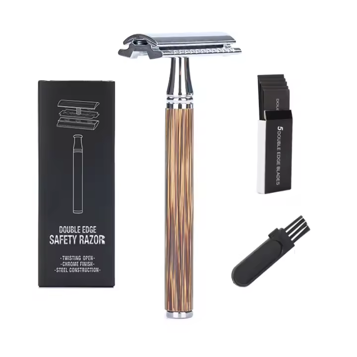 Manual de seguridad para hombres con mango de bambú Cabeza de afeitar Doble Orilla Y 5 Hojas de Cuchillo Clásico para Cabello y Barba - 1