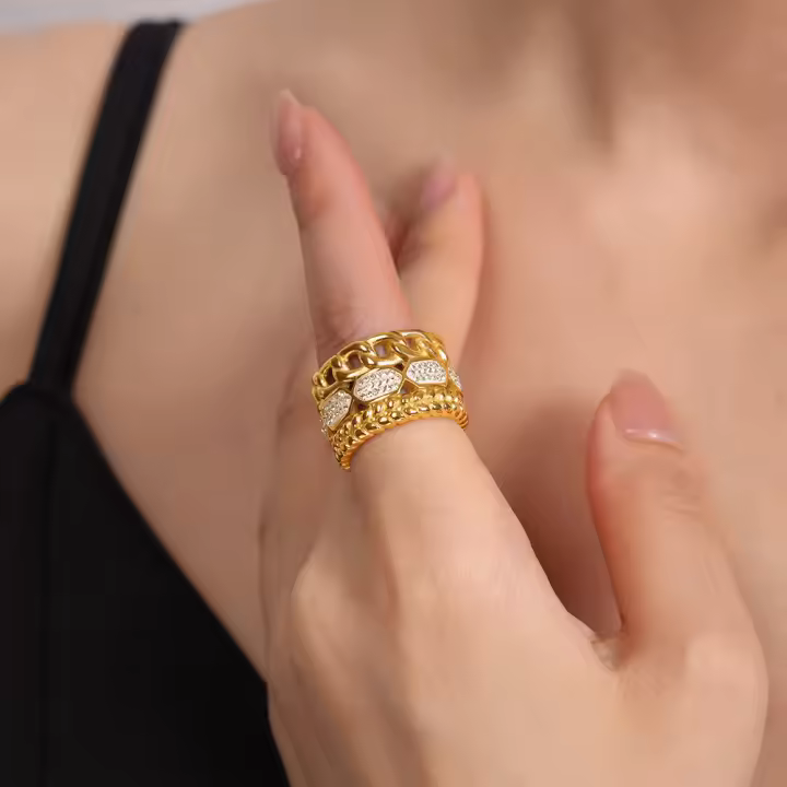 Anillo de Maple inoxidable para Mujeres, Diamantes de Agua redondo gruesos, diamantes de Textura irregular, anillo de alta calidad accesorios de moda - 1