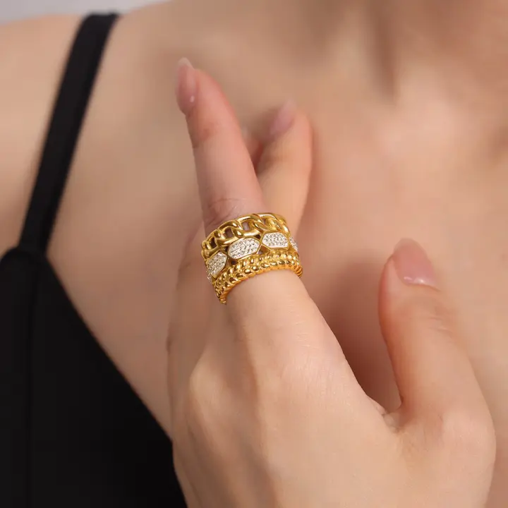 Anillo de Maple inoxidable para Mujeres, Diamantes de Agua redondo gruesos, diamantes de Textura irregular, anillo de alta calidad accesorios de moda - 1