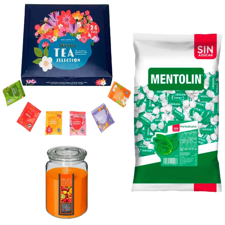 Lote respira: MENTOLIN HIERBABUENA S/A BOLSA 1KG + Vela de Frutas Exóticas 510g  + Set de Te con 24 bolsitas con diferentes sabores y aromas - 1