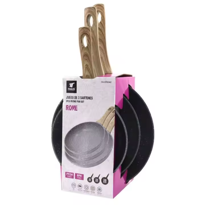 Juego de 3 Sartenes TH-FPS342 Rome - Aptas para Todo Tipo de Cocinas Cocina con versatilidad utilizando el Juego de 3 Sartenes TH-FPS342 Rome. Incluye sartenes de 20 cm, 24 cm y 28 cm para todas tus necesidades culinarias. - 1