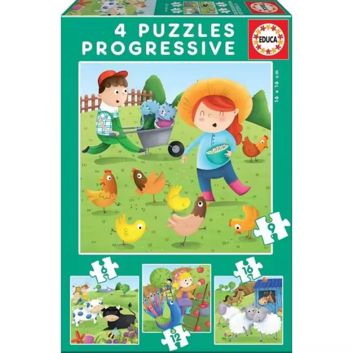 Puzzles Progresivos Animales de la granja 6+9+12+16 de Educa - 1
