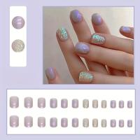 Pegatinas De Uñas Aurora Morada 24 Piezas Cuadradas Brillantes Color Gradient Sólido Elegantes Y Lujo Removible Resina - details 3