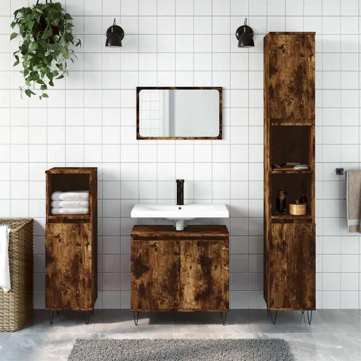 vidaXL Armario de baño madera de ingeniería envejecida 58x33x60 cm en color Madera antigua/Roble artisan/Blanco y más | almacenamiento funcional diseño moderno para baño dormitorio sala - 1
