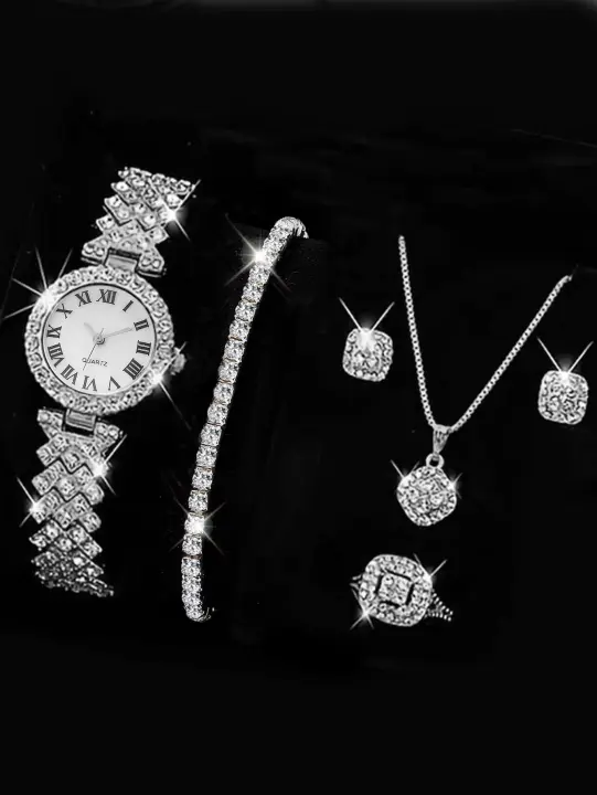 Juego De 5 Piezas Reloj De Pulsera Para Mujer Con Anillo Collar Y Pendientes De Strass Moda Casual Joyería Femenina - 1