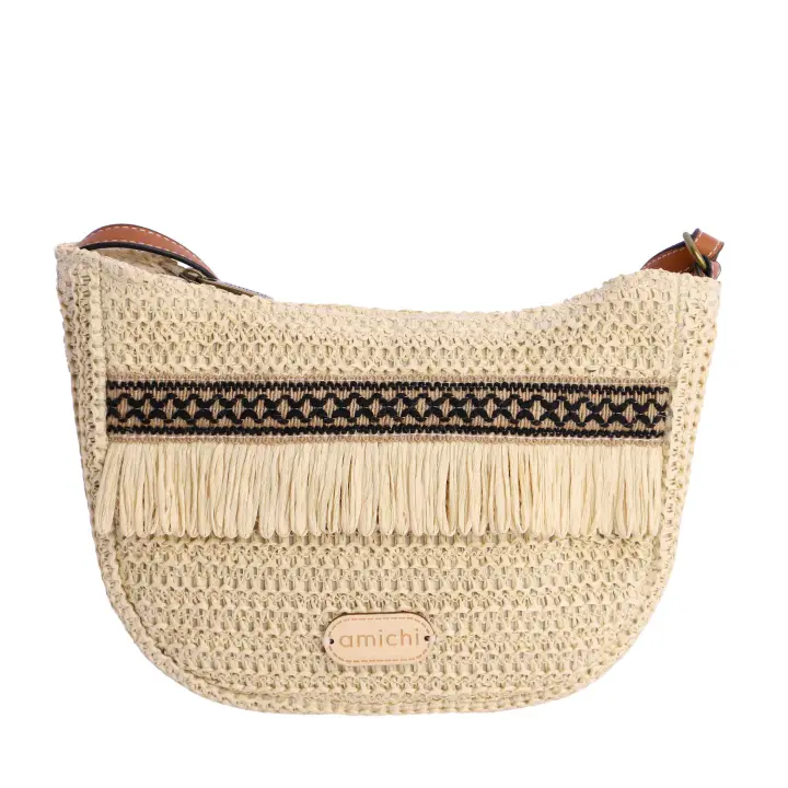 Bolso bandolera para mujer AMICHI Luma de rafia negro con cierre de cremallera - 1