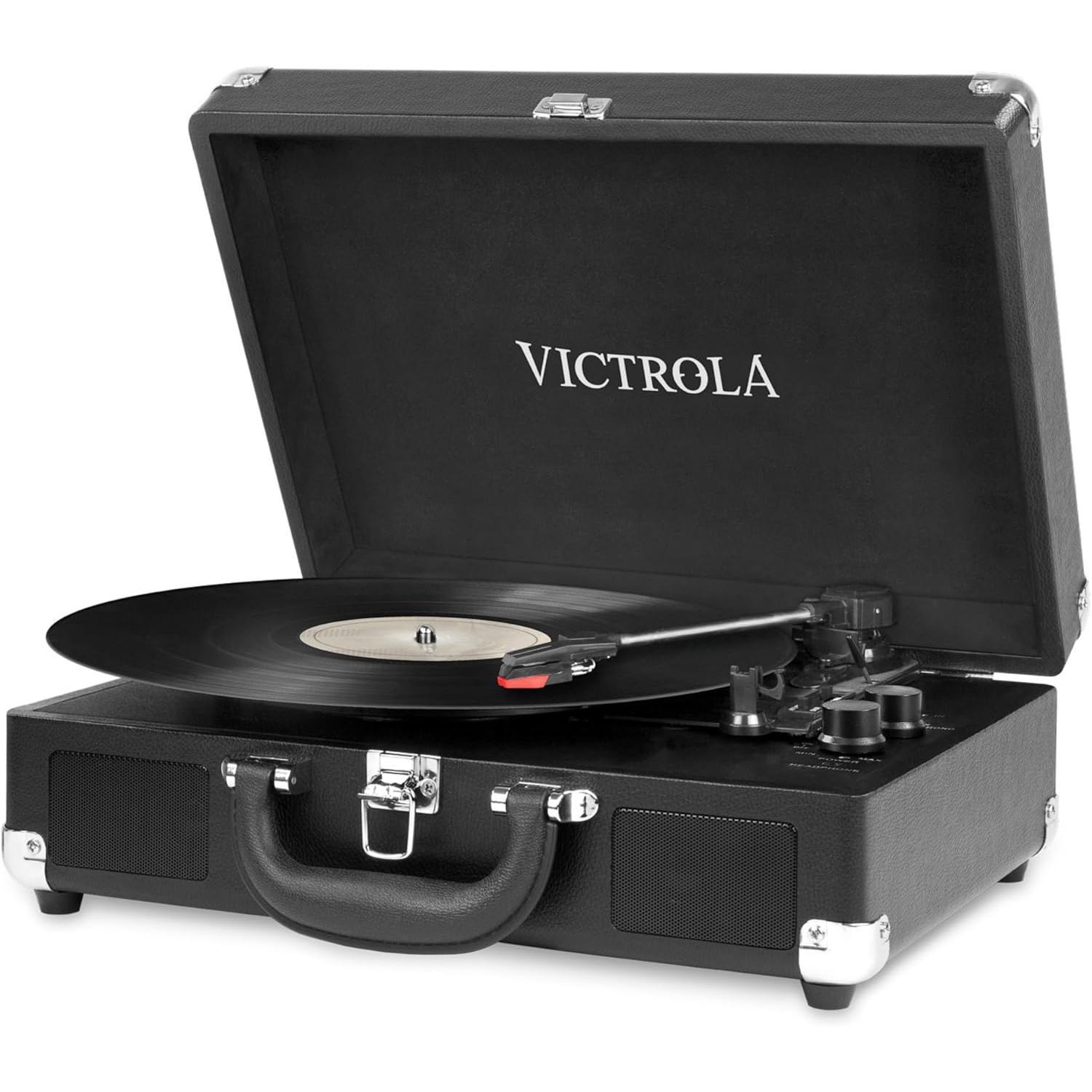 Tocadiscos Victrola Suitcase, Portátil Bluetooth 3 Velocidades, Negro