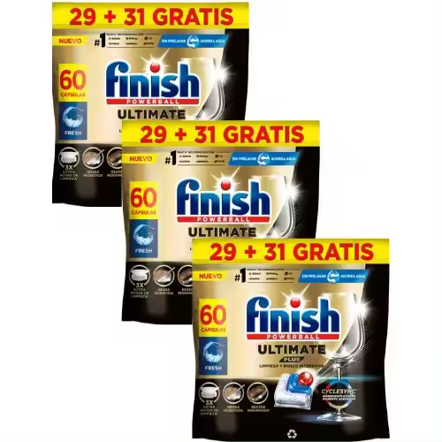 FINISH Detergente Lavavajillas en capsulas Powerball Ultimate Plus Fresh - Pack AHORRO - 180 Dosis (3X60 dosis) - 1