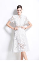 Vestido De Mujer Verano Nuevo Con Manga Corta Y Cuello Volante A-LINE Blanco Vestido Casual De Rodilla Lace Suelto Pullover Sin Estirar - details 12