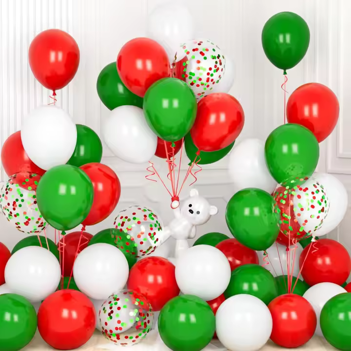 Ballons Noël, 30 Pièces 12 Pouces Blanc Rouges Verts Confettis Latex Ballon Baudruche avec Ruban pour Enfant Filles Garçons Fête Anniversaire Baby Shower Mariage Baptême Festival Décoration - 1