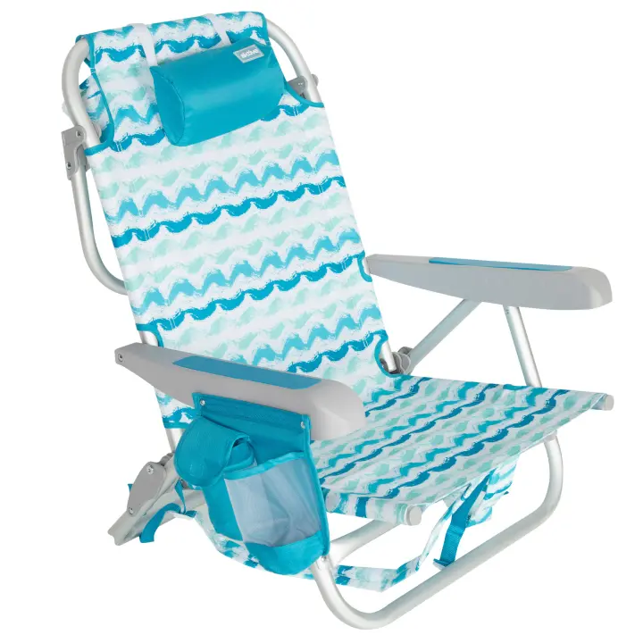 Aktive - Silla de playa plegable con respaldo reclinable en 5 posiciones, estructura de aluminio y acero, asiento de poliéster, cojín, bolsillo lateral y asas tipo mochila, diseño azul Maldivas - 1