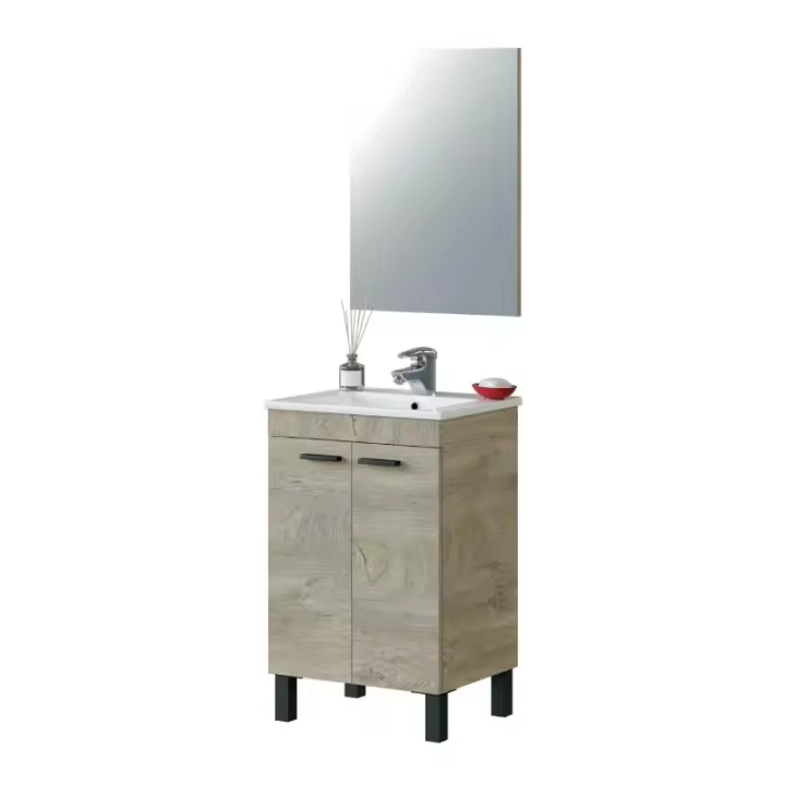 Meimon Mueble de baño 2 puertas con espejo incluido, estructura de tablero de partículas melaminizado con cantos de PVC. Bisagras metálicas, tiradores y patas de aluminio lacados en negro mate. Ideal para lavabo, no incluye grifería ni lavabo - 1