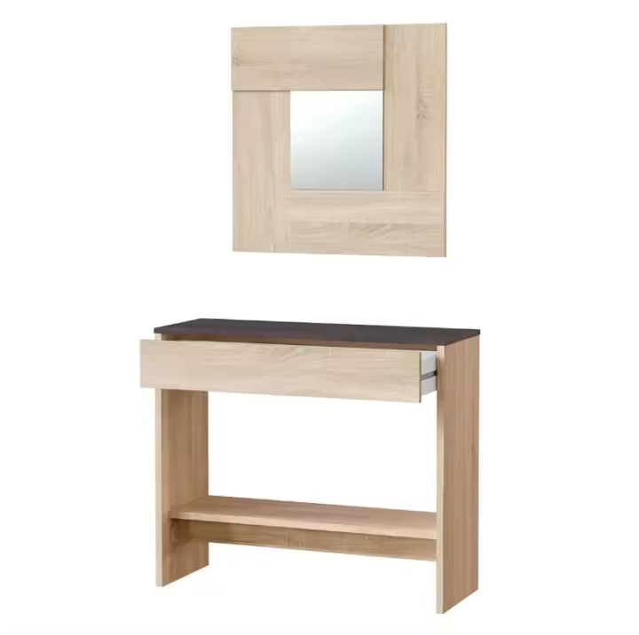 Meimon Recibidor-consola con espejo en acabado blanco, con cajón de MDF, guías metálicas y tacos ABS. Mueble de 79 cm de altura, 92 cm de ancho y 33 cm de profundidad, con espejo de 70 cm. Peso máximo soportado 25 kg. - 1