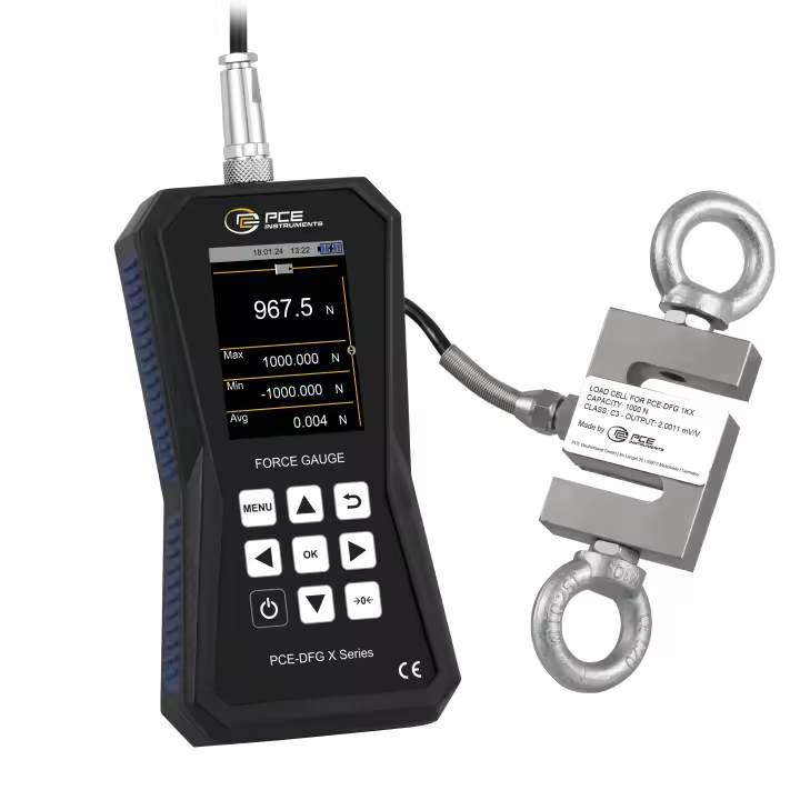 Dinamómetro con célula externa hasta 1000 N / Diferentes modos de alarma / Pantalla gráfica / Registro de datos / Incluye software / Incluye pernos / PCE Instruments - 1