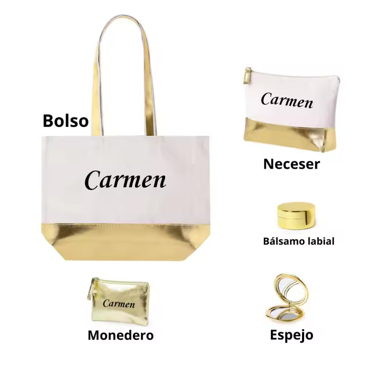 Regalo para el día de la madre. Conjunto en algodón de Bolso + Neceser + Monedero + Labial + Espejo, Regalo para Mujer - ¡Ideal para madres y amigas! - 1