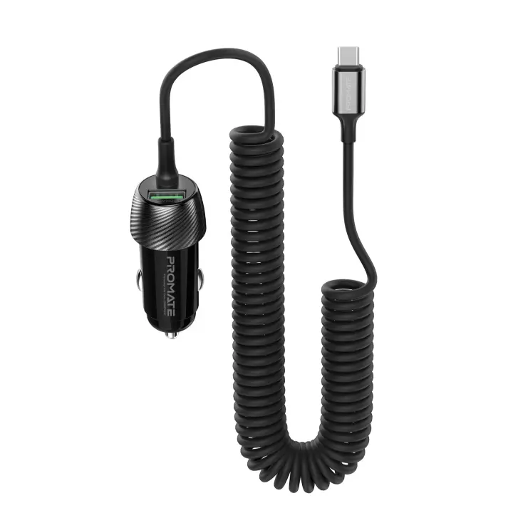 Promate PowerDrive-33PDC Cargador Coche 33W USB-C Espiral Puerto QC 18W - 1