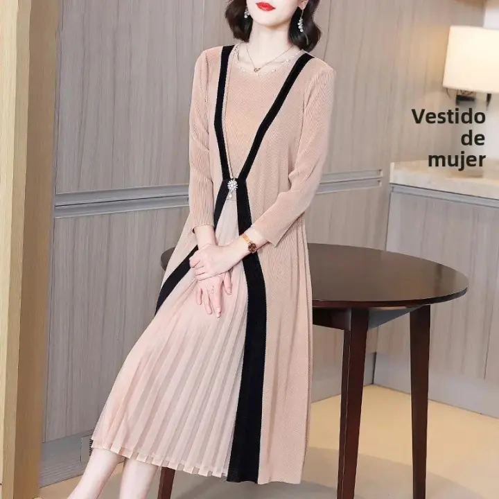 Vestido Plisado Estilo Miyake Para Mujer Nueva 2025 Color Sólido Falso Dos Piezas Cuello Redondo Manga Larga Talla Grande Suelta Falda Plisada - 1
