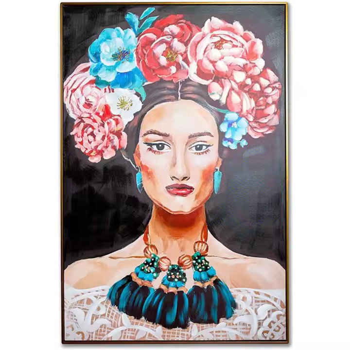 Cuadro Lienzo 80*120*3.5 Marco Dorado Frida Flor Azul Rosa - 1