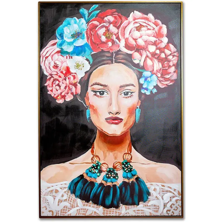 Cuadro Lienzo 80*120*3.5 Marco Dorado Frida Flor Azul Rosa - 1