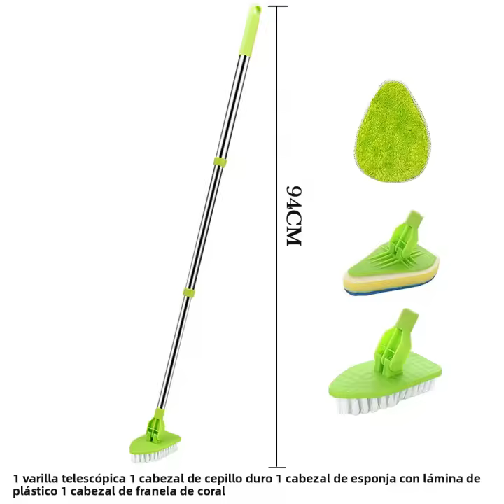 Cepillo De Limpieza Para Azulejos 3 En 1 Con Mango Largo Escobilla De Limpieza Para Baño Y Piso Esponja Triangular Rotatoria De 180° Retráctil De Plástico Acero Inoxidable Y Microfibra - 1