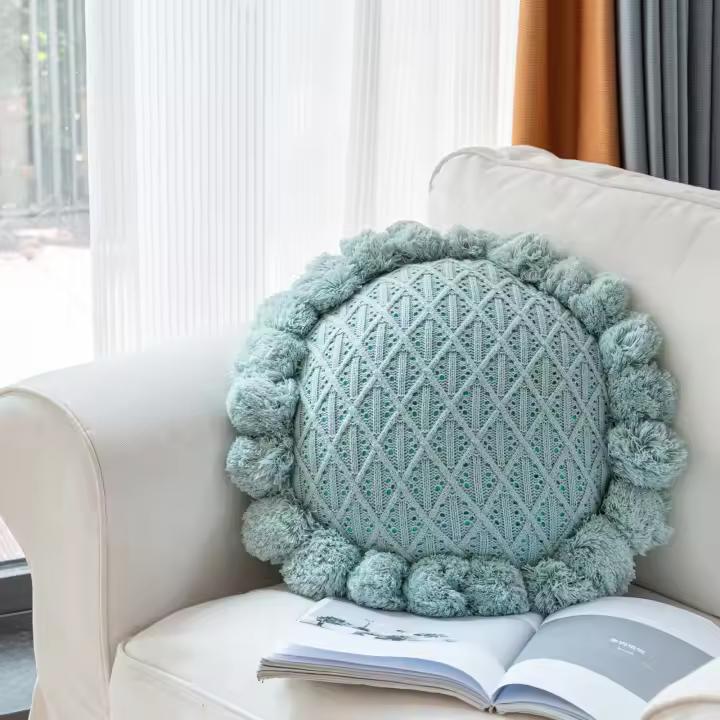 Almohada de bola de grasa extraíble y lavable de lana redonda tejida a mano, cojín para acampar en casa de familia - 1