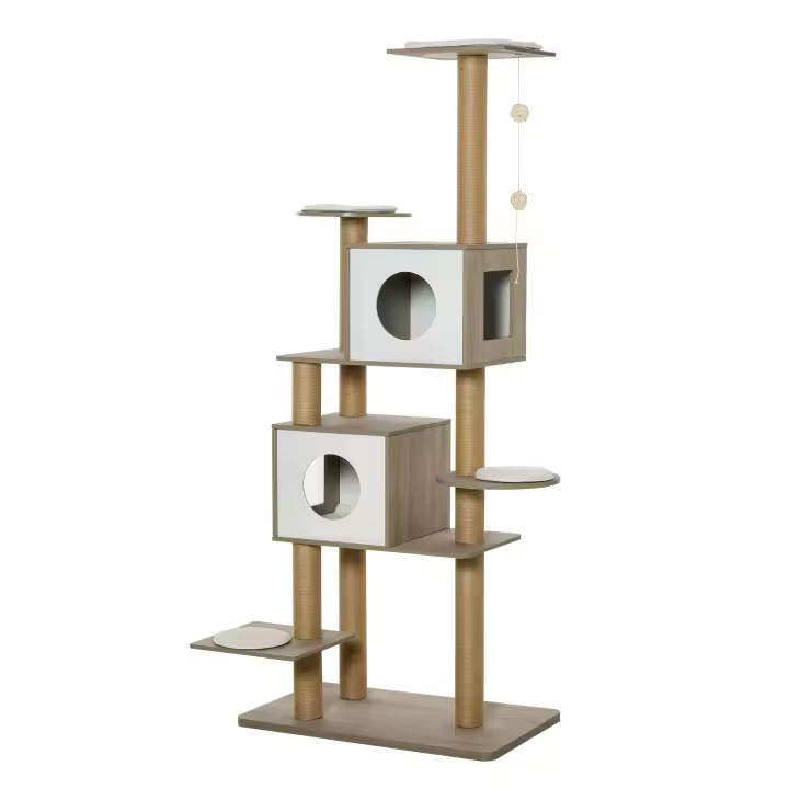 PawHut Árbol Rascador Árbol para Escalar para Gatos Altura 177cm con Plataformas Cuevas Juguete Colgante Cojín Extraíble Postes de Yute Blanco y Marrón - 1