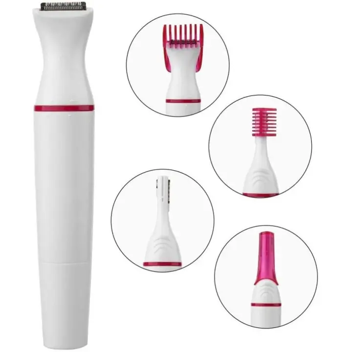 BIT Versátil kit de recortador de cabello 5 en 1 para mujeres - Modelador de cejas, afeitadora de nariz y vello facial que funciona con baterías con cuchillas desmontables - Diseño elegante en blanco y rosa (pilas no incluidas) - 1
