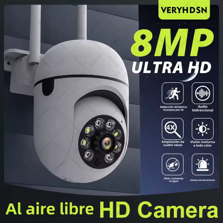 Cámara De Seguridad IP Wifi Exterior Inalámbrica 8MP PTZ Con Zoom 4X Audio Bidireccional Vigilancia Nocturna HD AI Seguimiento Humano IP66 Resistente Al Clima - 1