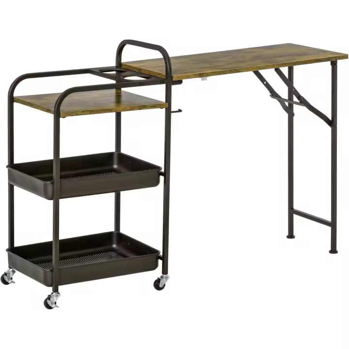 Carro de Cocina con Ruedas Carrito Auxiliar con Estantes de 3 Niveles Hoja Abatible y 2 Portavasos Multiusos para Comedor 118x36,5x82 cm Marrón Rústico - 1