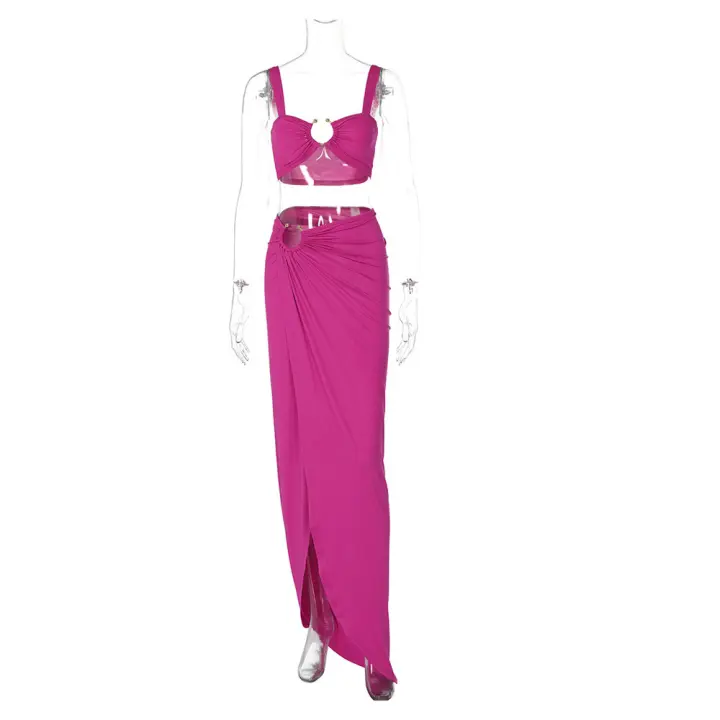 Conjunto De Dos Piezas Beyprern Sexy Con Abertura Alta Y Detalles De Metal Dorado Falda Y Túnica Para Playa Y Club Noche Ropa De Verano Elegante Para Vacaciones - 1