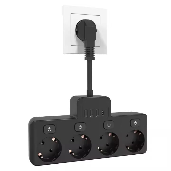 Toma de Corriente de estilo Europeo con 4 salidos de CA Y 3 salidos USB type C, a prueba de salpicadura, Toma multifuncionales para oficina, hogar y Viajes, Blanco/Negro - 1