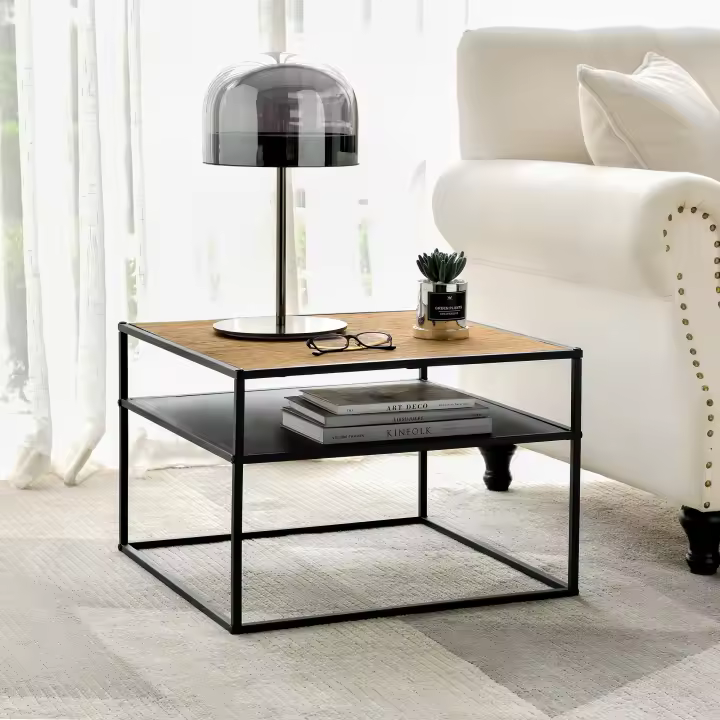 Mesa auxiliar Quinisut cuadrada metal aglomerado 40 x 55 x 55 cm negro efecto madera [en.casa] - 1