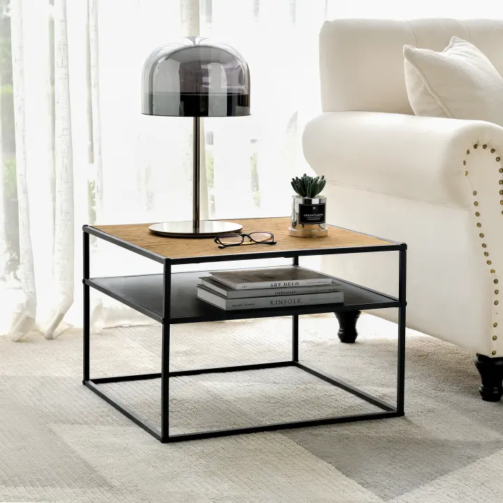 Mesa auxiliar Quinisut cuadrada metal aglomerado 40 x 55 x 55 cm negro efecto madera [en.casa] - 1