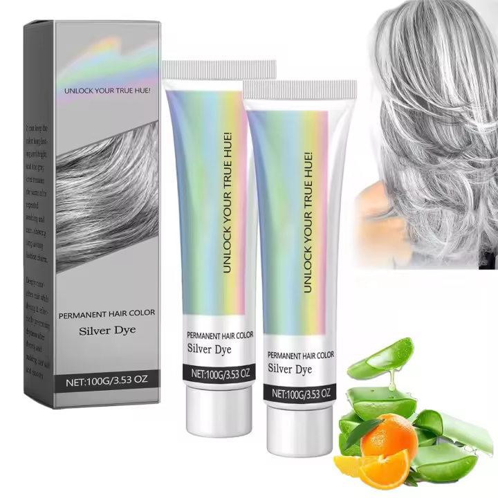 Tinte capilar plateado 2 en 1 con extracto de esencia natural, tinte plateado metálico, crema colorante natural gris plateado, tinte permanente gris plateado de moda, para todo tipo de cabello (plata, 2 unidades) - 1