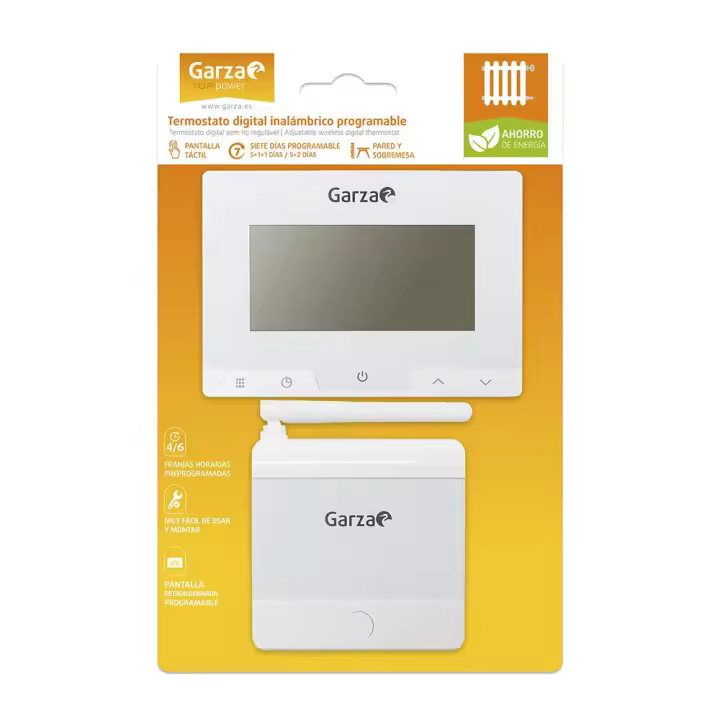Garza Termostato Digital Programable Inalámbrico - Regulación Manual y Automática - Programación Semanal 7 Días - 6 Programas por Día - Protección Contra Congelación - Regulación de Temperatura 5-35 - Pantalla Táctil - Pilas 4xaaa No Incluidas - 1