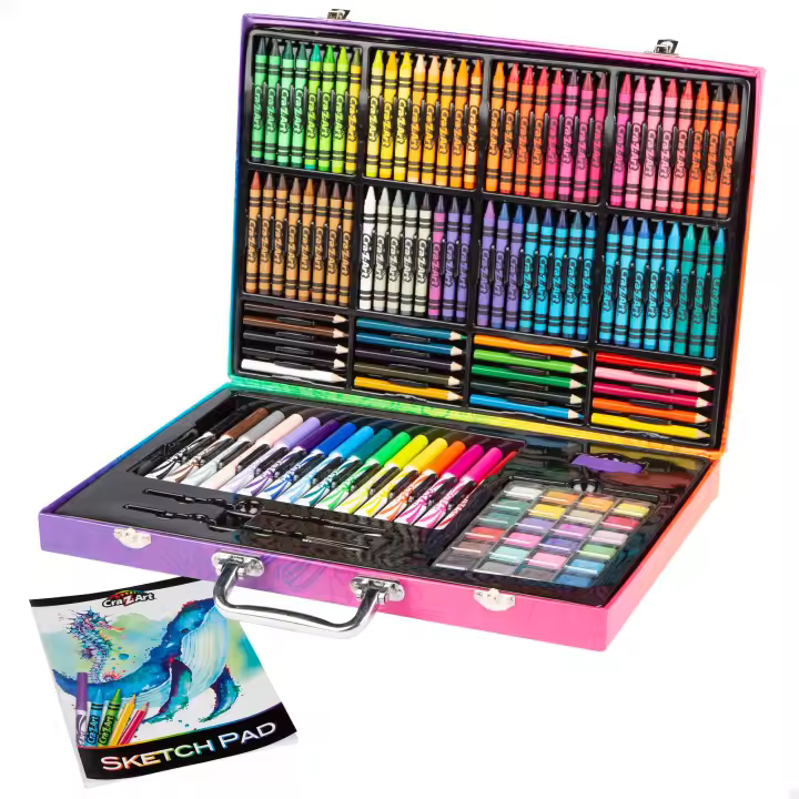 Cra-Z-Art - Estuche de colores para niños, material escolar, incluye crayones, rotuladores, lápices de colores, acuarelas, pinceles, porta lápices, cuaderno con hojas en blanco, estuche colores grande, regalo para niñas de 4 años - 1