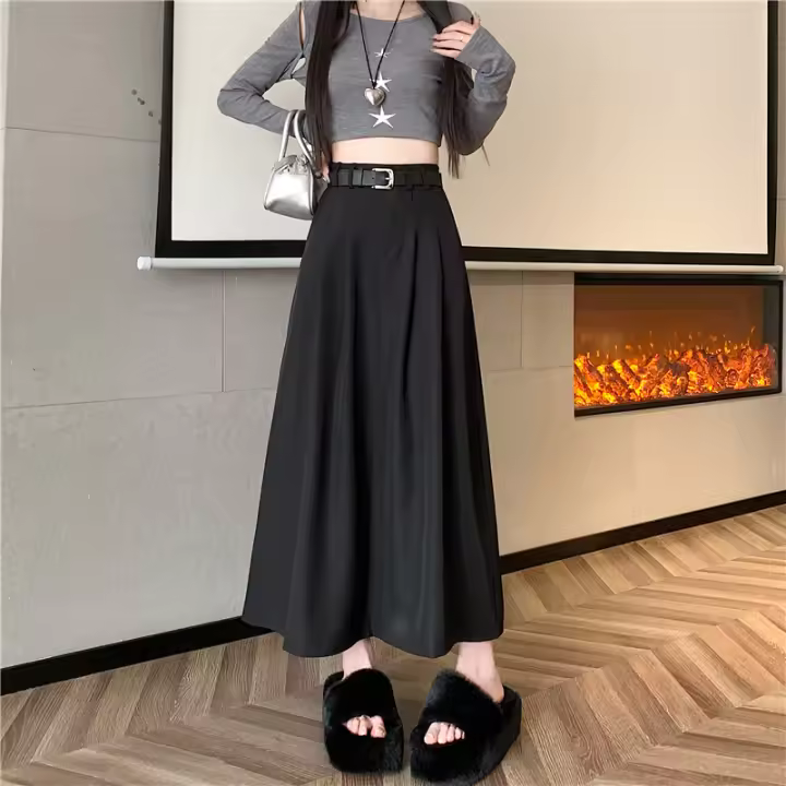 Falda A-Line De Cintura Alta Para Mujer Elegante Otoño Con Cinturón Estilo Coreano Oficina Suelta De Pierna Talla Banda Umbrella - 1