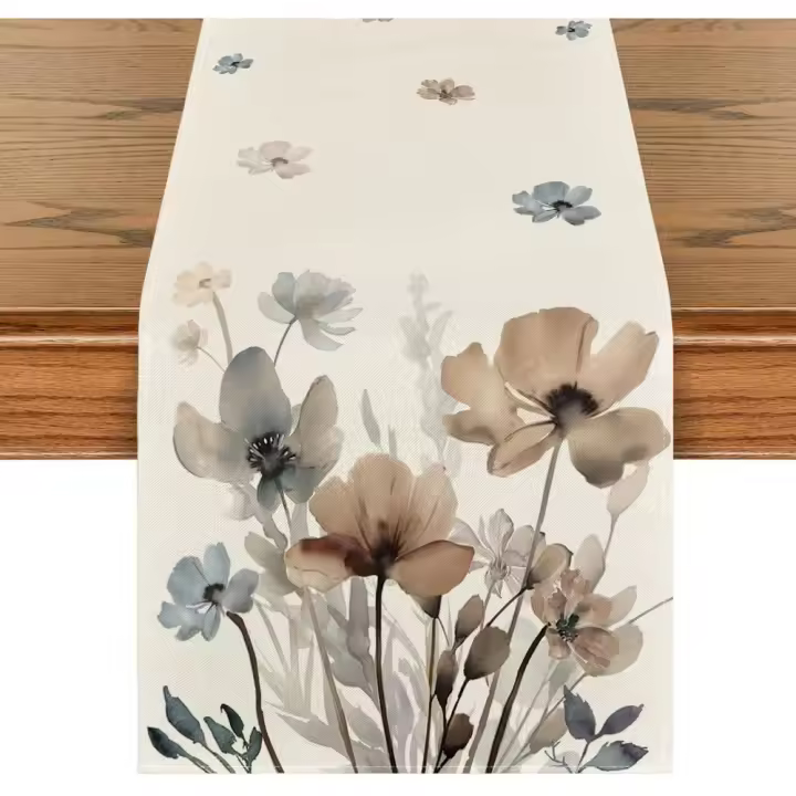 Camino de mesa de primavera con hojas florales de amapola marrón, decoración de mesa de comedor de cocina de verano de temporada para decoración de fiesta en el hogar 40 x 140 cm - 1