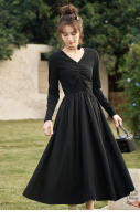 MISHOW Vestido Negro Tejido a Mano Con Ajuste Para Mujer Primavera/Otoño V-cuello Elegante Vintage A-line Midi Vestido MXC59L1640 - details 10