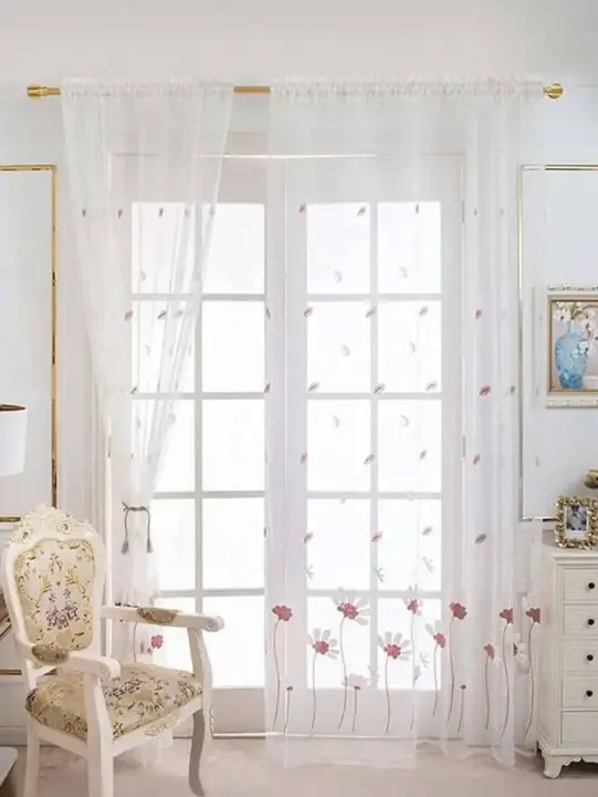 Cortina De Tela Gauze Con Bordado De Plumas De Pequeñas Flores Coreanas Estilo Fresco Para Sala De Estar Y Dormitorio - 1