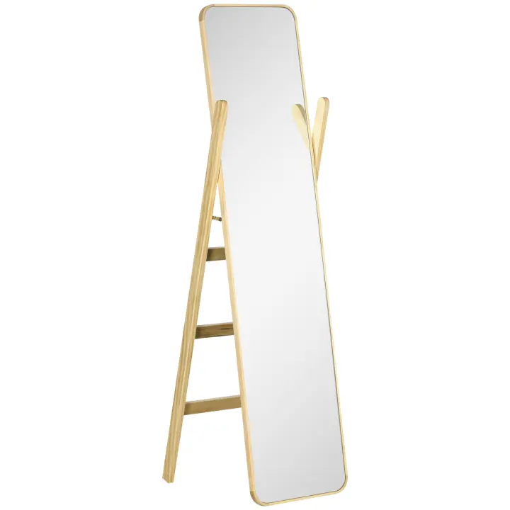 HOMCOM Espejo de Pie con Perchero Espejo de Cuerpo Entero 40x35x147 cm Espejo Largo con Marco de Madera para Salón Dormitorio Entrada Natural - 1