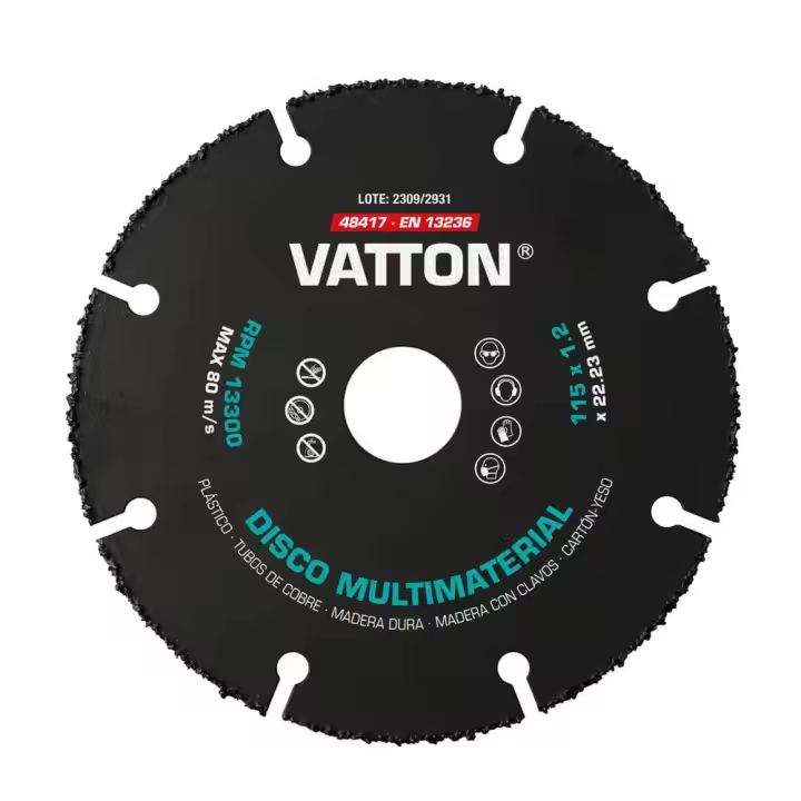 Disco Corte Multimaterial 115mm Vatton - Corte de plásticos, tubos de cobre, madera dura, madera con clavos, cartón, yeso... - 1