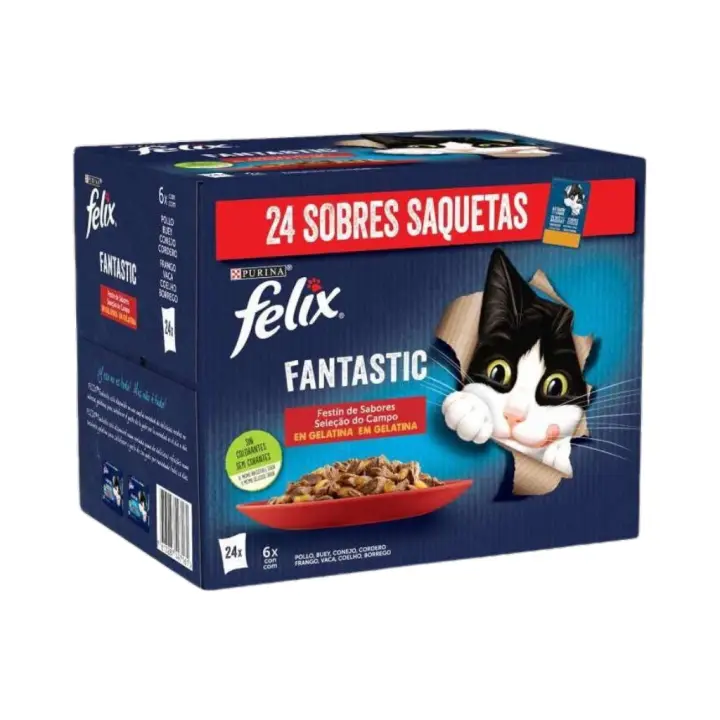 FELIX Fantastic Festín de Sabores en Gelatina (24x85 gr) - Alimento Húmedo Completo para Gatos Adultos (Buey, Pollo, Conejo y Cordero) - 1