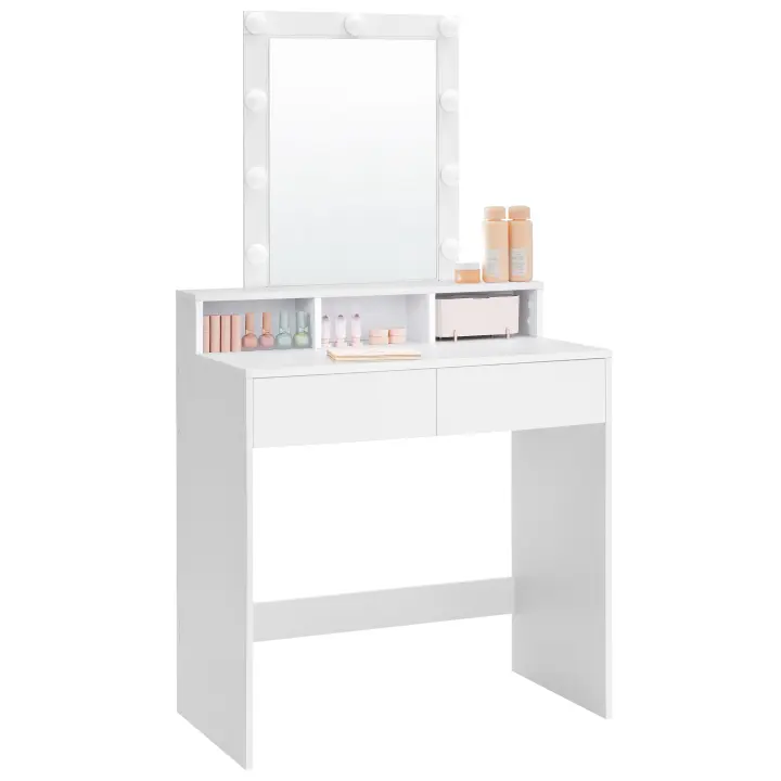 VASAGLE Tocador, Luces LED con Brillo Ajustable, Mesa de Maquillaje con Espejo, 2 Cajones y 3 Compartimentos, Moderno, Blanco - 1