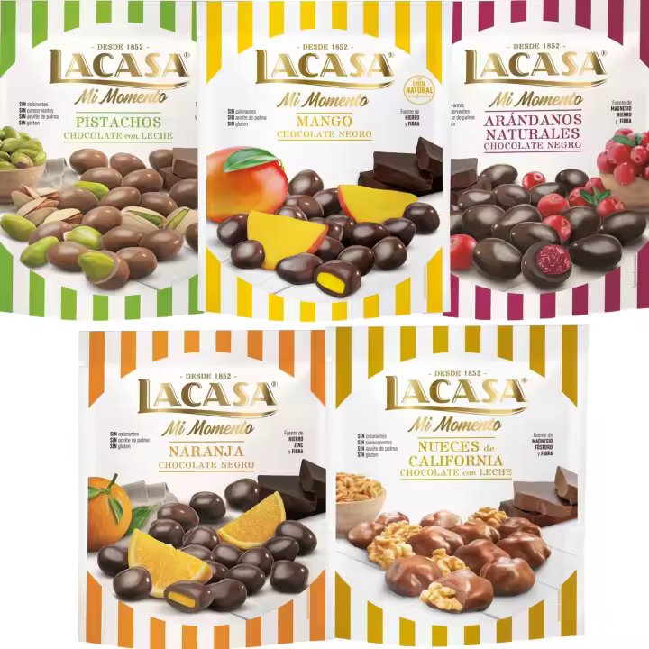 Lacasa Mi Momento pack de 5:Arándano choco Negro 125G,Nueces Leche 115G,Naranja choco Negro 125G,Pistacho Leche 100G,Mango choco Negro 115G - 1