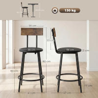HOMCOM Juego de 2 Taburetes de Bar, Taburetes Altos de Cocina con Respaldo y Reposapiés, Tapizados en PU, Marco Metálico, Asiento de 60 cm de Altura, Negro - details 2