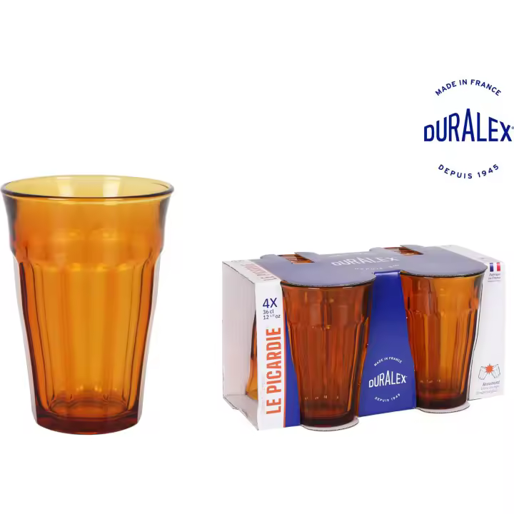 DURALEX - SET DE 4 VASOS 36CL AMBAR PICARDIE - Set Vasos de Vidrio Presentación Elegante - Set de Vasos Duraderos y Resistentes - Set de Vasos Versátiles Adecuados para Bebidas Frías y Calientes - Set de Vasos Aptos para Lavavajillas - 1