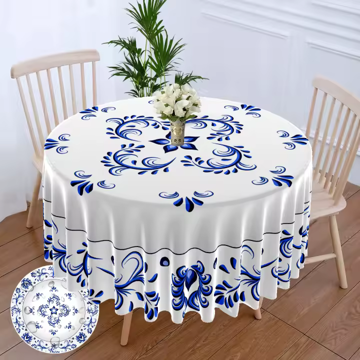 Mantel Redondo De Porcelana Azul Y Blanco Retro Impermeable Para Mesa De Comedor Exterior Hotel Fiesta Tamaño 160x160cm - 1