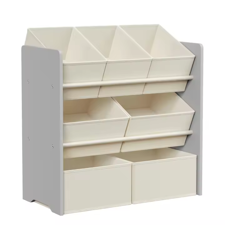 Estantería infantil con 7 cajas de tela, librería y organizador de juguetes, blanco, gris tórtola, 29,5x62,5x60 cm - 1